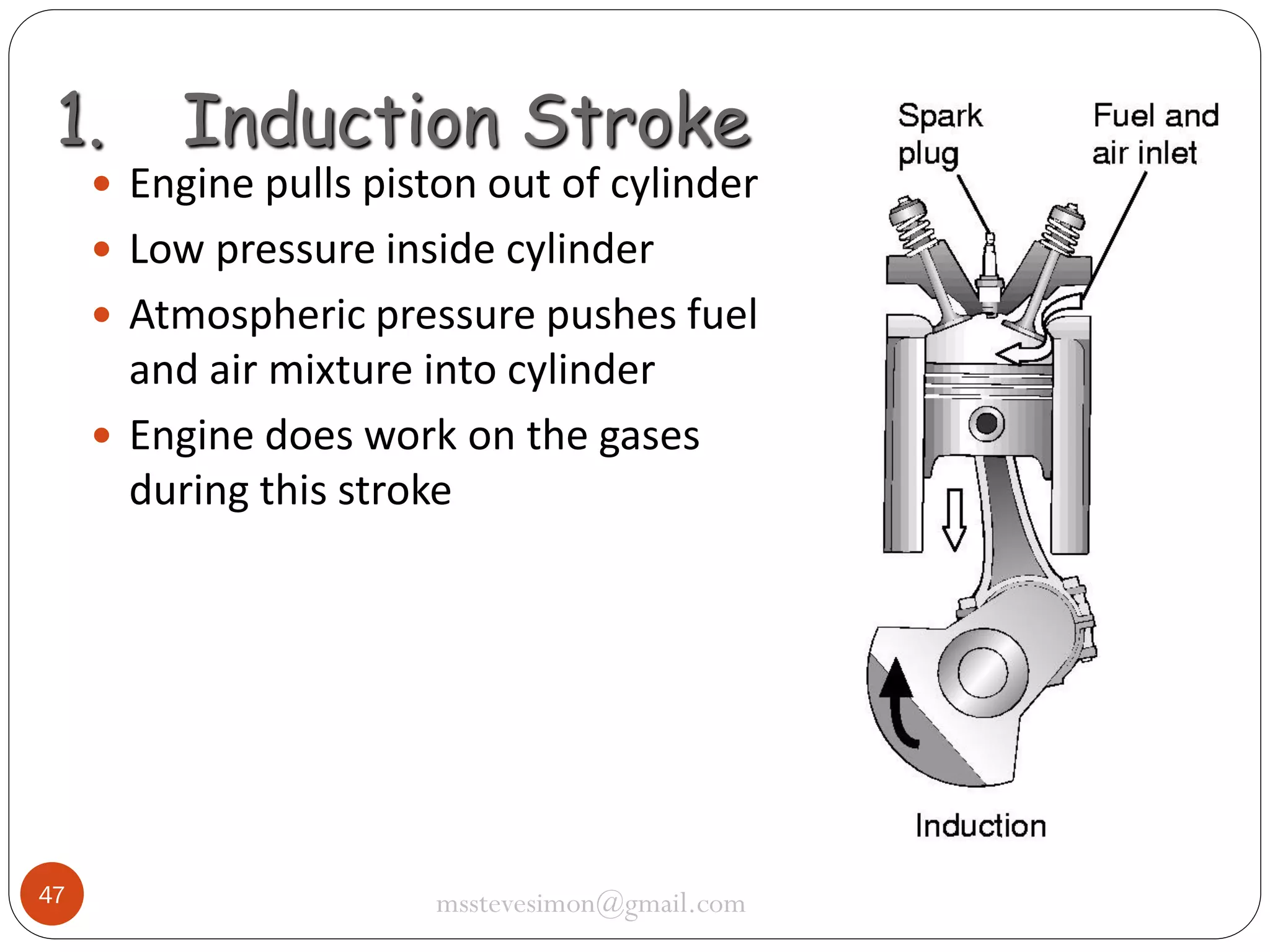 1.

Induction Stroke

 Engine pulls piston out of cylinder
 Low pressure inside cylinder
 Atmospheric pressure pushes fuel

and air mixture into cylinder
 Engine does work on the gases
during this stroke

47

msstevesimon@gmail.com

 