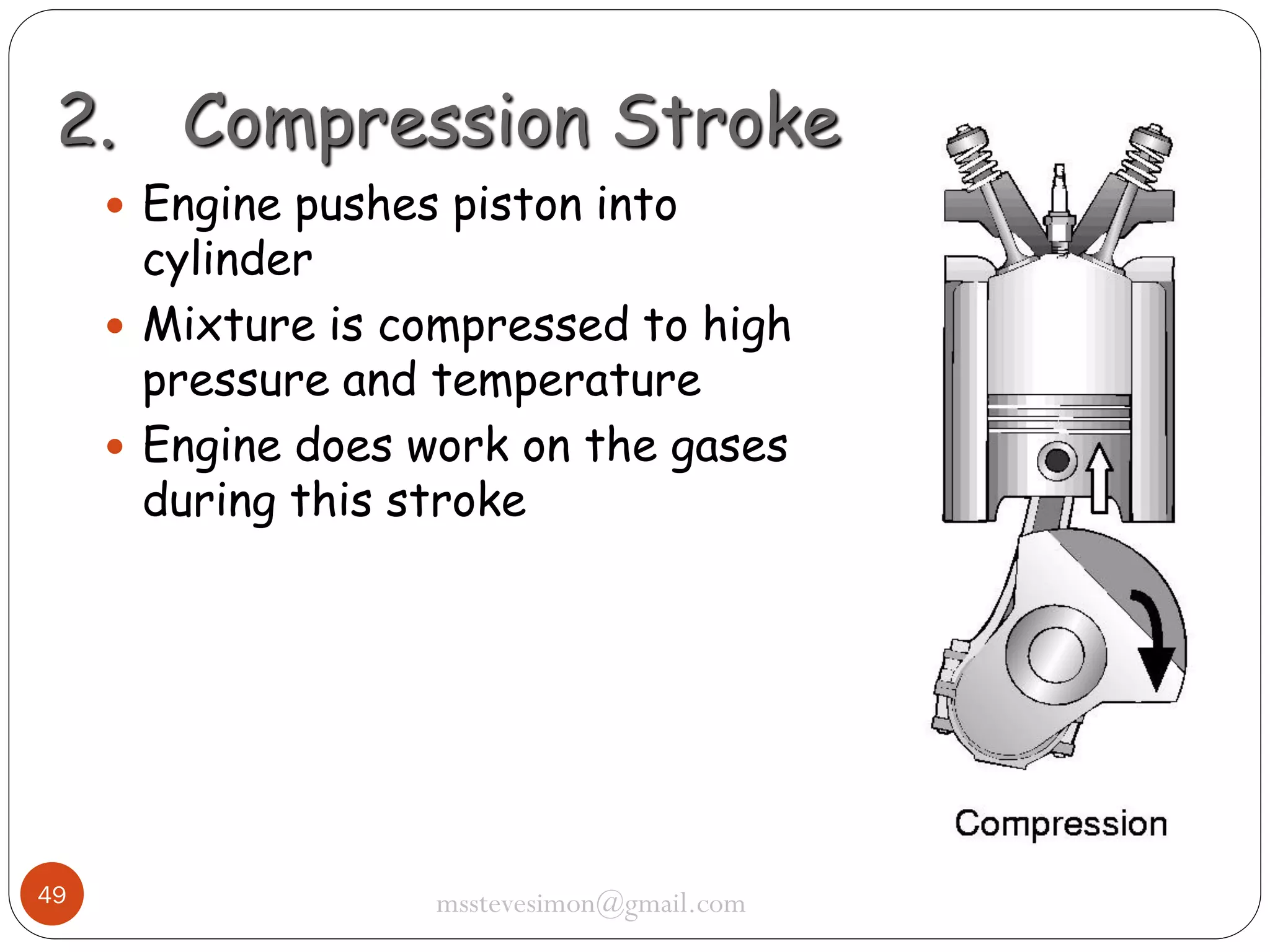 2. Compression Stroke
 Engine pushes piston into

cylinder
 Mixture is compressed to high
pressure and temperature
 Engine does work on the gases
during this stroke

49

msstevesimon@gmail.com

 
