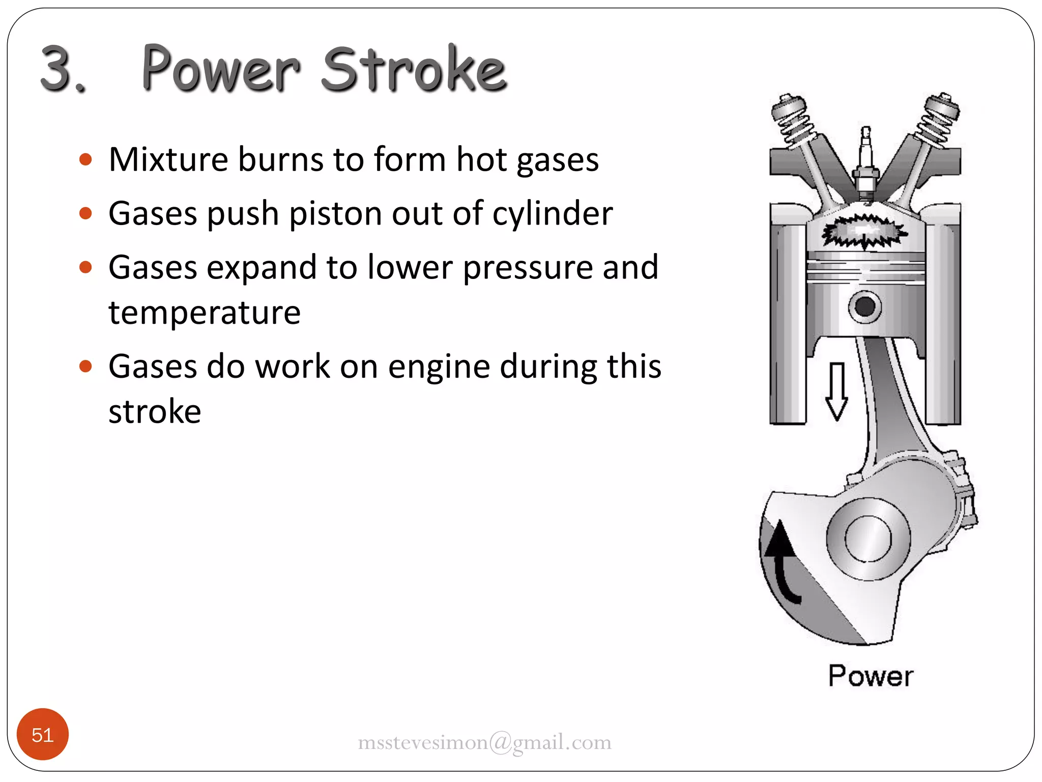 3. Power Stroke
 Mixture burns to form hot gases
 Gases push piston out of cylinder
 Gases expand to lower pressure and

temperature
 Gases do work on engine during this
stroke

51

msstevesimon@gmail.com

 