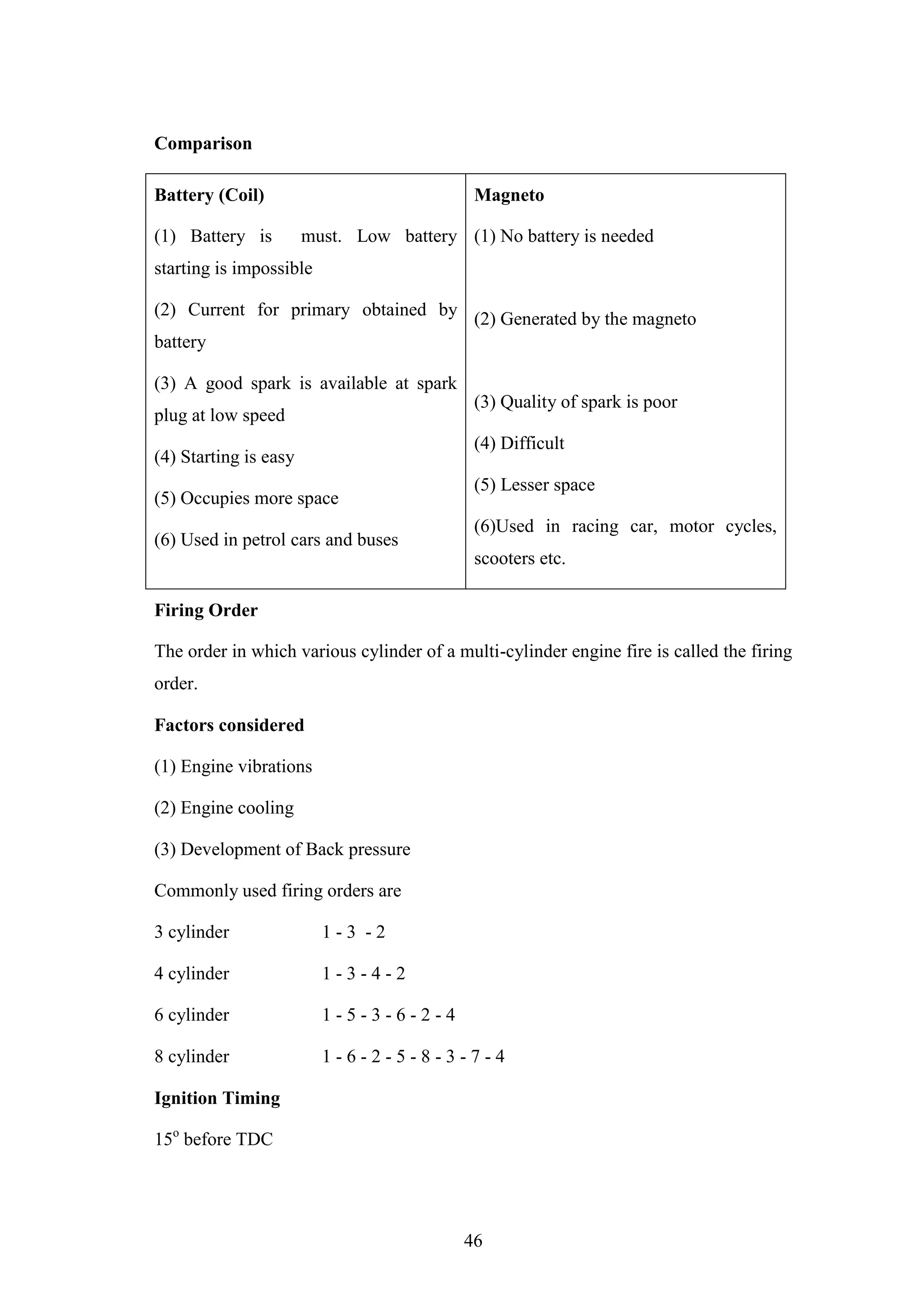 46
Comparison
Battery (Coil)
(1) Battery is must. Low battery
starting is impossible
(2) Current for primary obtained by
battery
(3) A good spark is available at spark
plug at low speed
(4) Starting is easy
(5) Occupies more space
(6) Used in petrol cars and buses
Magneto
(1) No battery is needed
(2) Generated by the magneto
(3) Quality of spark is poor
(4) Difficult
(5) Lesser space
(6)Used in racing car, motor cycles,
scooters etc.
Firing Order
The order in which various cylinder of a multi-cylinder engine fire is called the firing
order.
Factors considered
(1) Engine vibrations
(2) Engine cooling
(3) Development of Back pressure
Commonly used firing orders are
3 cylinder 1 - 3 - 2
4 cylinder 1 - 3 - 4 - 2
6 cylinder 1 - 5 - 3 - 6 - 2 - 4
8 cylinder 1 - 6 - 2 - 5 - 8 - 3 - 7 - 4
Ignition Timing
15o
before TDC
 