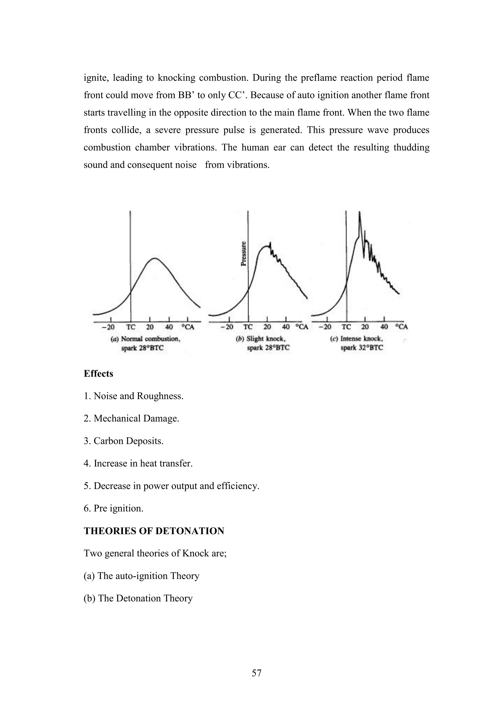 57
ignite, leading to knocking combustion. During the preflame reaction period flame
front could move from BB‟ to only CC‟. Because of auto ignition another flame front
starts travelling in the opposite direction to the main flame front. When the two flame
fronts collide, a severe pressure pulse is generated. This pressure wave produces
combustion chamber vibrations. The human ear can detect the resulting thudding
sound and consequent noise from vibrations.
Effects
1. Noise and Roughness.
2. Mechanical Damage.
3. Carbon Deposits.
4. Increase in heat transfer.
5. Decrease in power output and efficiency.
6. Pre ignition.
THEORIES OF DETONATION
Two general theories of Knock are;
(a) The auto-ignition Theory
(b) The Detonation Theory
 