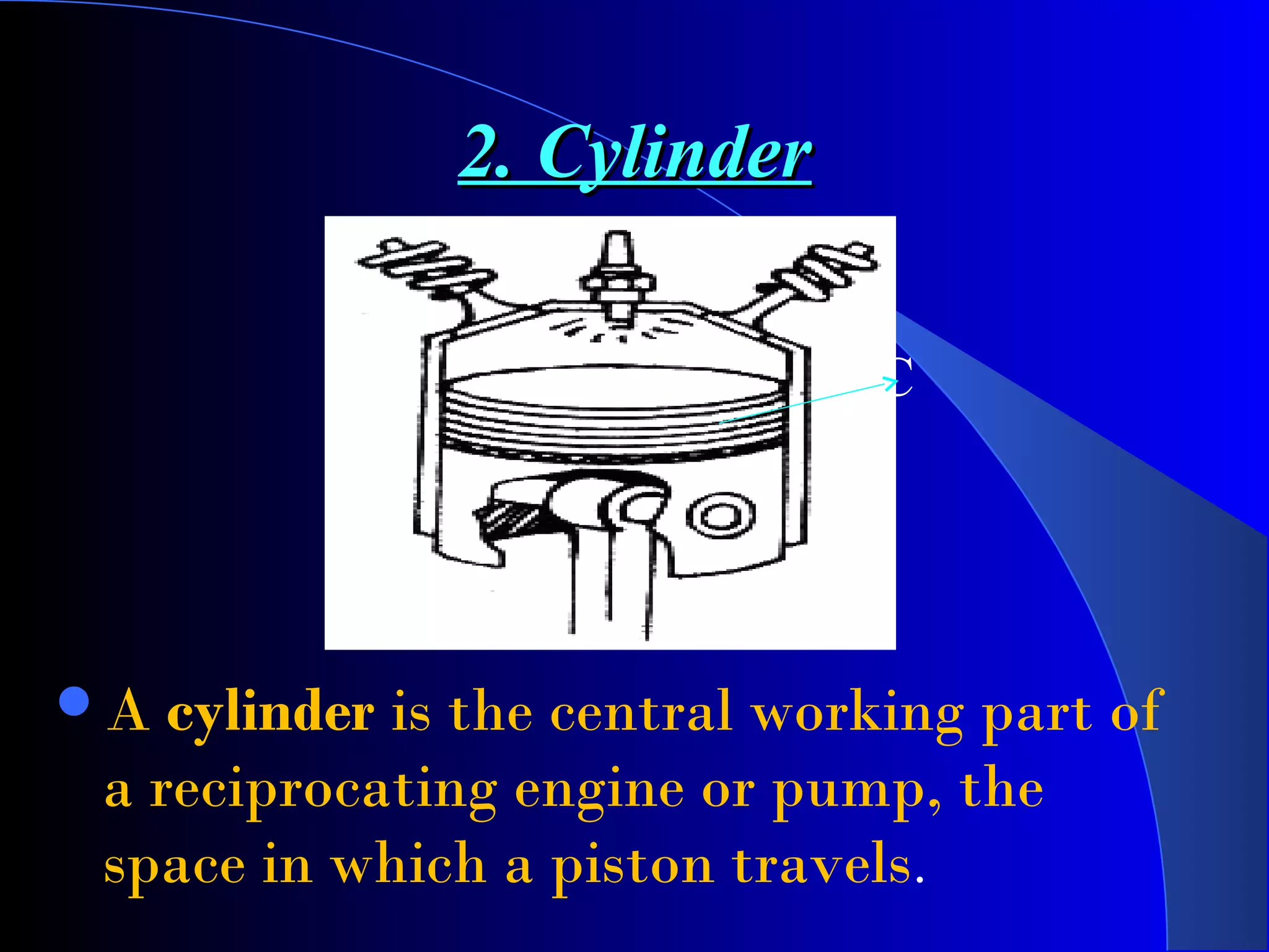 2. Cylinder2. Cylinder
C
A cylinder is the central working part of
a reciprocating engine or pump, the
space in which a piston travels.
 