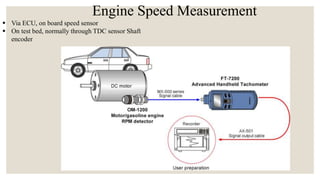 Engine Speed Measurement
 Via ECU, on board speed sensor
 On test bed, normally through TDC sensor Shaft
encoder
 