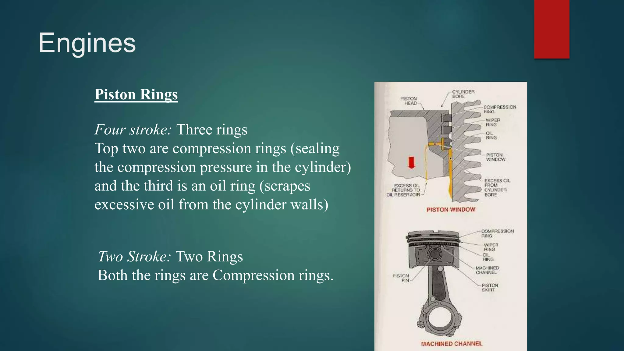 Engines
Piston Rings
Four stroke: Three rings
Top two are compression rings (sealing
the compression pressure in the cylinder)
and the third is an oil ring (scrapes
excessive oil from the cylinder walls)
Two Stroke: Two Rings
Both the rings are Compression rings.
 