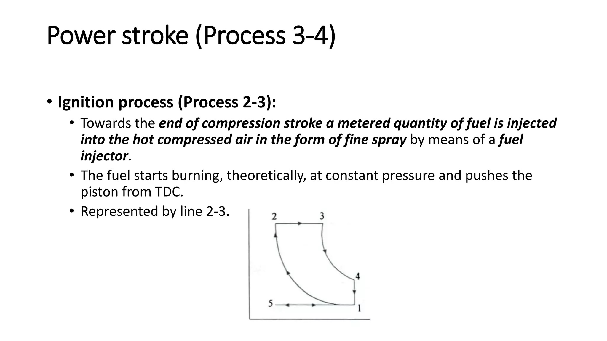 Power stroke (Process 3-4)
• Ignition process (Process 2-3):
• Towards the end of compression stroke a metered quantity of fuel is injected
into the hot compressed air in the form of fine spray by means of a fuel
injector.
• The fuel starts burning, theoretically, at constant pressure and pushes the
piston from TDC.
• Represented by line 2-3.
 