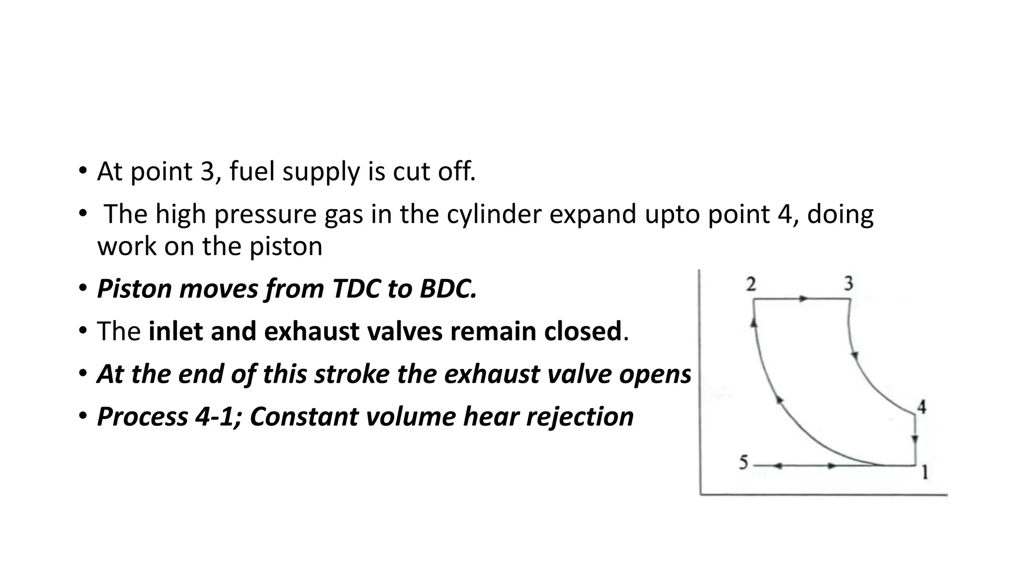 • At point 3, fuel supply is cut off.
• The high pressure gas in the cylinder expand upto point 4, doing
work on the piston
• Piston moves from TDC to BDC.
• The inlet and exhaust valves remain closed.
• At the end of this stroke the exhaust valve opens
• Process 4-1; Constant volume hear rejection
 
