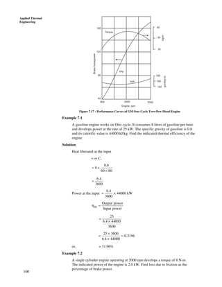 100
Applied Thermal
Engineering
160
120
80
Brakehorsepower
Torque
bhp
bsfc
45
40
35
kg/m
Engine, rpm
800 2000 3200
40
180
160
140
gm/bhp-hr.
Figure 7.17 : Performance Curves of GM-four Cycle Toro-flow Diesel Engine
Example 7.1
A gasoline engine works on Otto cycle. It consumes 8 litres of gasoline per hour
and develops power at the rate of 25 kW. The specific gravity of gasoline is 0.8
and its calorific value is 44000 kJ/kg. Find the indicated thermal efficiency of the
engine.
Solution
Heat liberated at the input
= m Cv
0.8
8
60 60
= ×
×
6.4
3600
=
Power at the input
6.4
44000 kW
3600
= ×
ith
Output power
Input power
η =
25
6.4 44000
3600
=
×
25 3600
0.3196
6.4 44000
×
= =
×
or, = 31.96%
Example 7.2
A single cylinder engine operating at 2000 rpm develops a torque of 8 N-m.
The indicated power of the engine is 2.0 kW. Find loss due to friction as the
percentage of brake power.
 