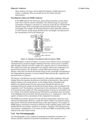 87
IC Engine TestingDispersive Analyzers
These analyzers use only a narrow dispersed frequency of light spectrum to
analyze a compound. These are usually not use for exhaust emission
measurements.
Non-Dispersive Infra-red (NDIR) Analyzers
In the NDIR analyzer the exhaust gas species being measuring is used to detect
itself. This is done by selective absorption. The infrared energy of a particular
wavelength or frequency is peculiar to a certain gas in that the gas will absorb the
infracted energy of this wavelength and transmit and infrared energy of other
wavelengths. For example, the absorption band for carbon monoxide is between
4.5 and 5 microns. So the energy absorbed at this wavelength is an indication of
the concentration of CO in the exhaust gas.
Chopper
Sample Lin
Cell
SampleCell
ReferenceCell
Detector
Recorder
signal
Control unit
Component of Interest
Other molecules
Samples crep
Infrared
Source
Diaphragm
distended
Figure 7.2 : Schematic of Non-dispersive Infra-red Analyzer (NDIR)
The NDIR analyzer as shown in Figure 7.2 consists of two infrared sources, interrupted
simultaneously by an optical chopper. Radiation from these sources passes in parallel
paths through a reference cell and a sample cell to opposite side of a common detector.
The sample cell contains the compounds to be analyzed, whereas this compound is not
present in the reference cell. The latter is usually filled with an inert gas, usually
nitrogen, which does not absorb the infrared energy for the wavelength corresponding to
the compound being measured. A closed container filled with only the compound to be
measured works as a detector.
The detector is divided into two equal volumes by a thin metallic diaphragm. When the
chopper blocks the radiation, the pressure in both parts of the detector is same and the
diagram remains in the neutral position. As the chopper blocks and unblocks the
radiation, the radiant energy from one source passes through the reference cell
unchanged whereas the sample cell absorbs the infrared energy at the wavelength of the
compound in cell. The absorption is proportional to the concentration of the compound
to be measured in the sample cell. Thus unequal amounts of energy are transmitted to the
two volumes of the detector and the pressure differential so generated causes movement
of the diaphragm and a fixed probe, thereby generating an a.c., displayed on a meter. The
signal is a function of the concentration of the compound to be measured.
The NDIR can accurately measure CO, CO2 and those hydrocarbons which have clear
infrared absorption peaks. However, usually the exhaust sample to be analyzed contains
other species which also absorb infrared energy at the same frequency. For example, an
NDIR analyzer sensitized to n-hexane for detection of HC responds equally well to other
paraffin HC but not to olefins, acetylenes or aromatics. Therefore, the reading given by
such analyzer is multiplied by 1.8 to correct it to the total UBHC as measured by an FID
analyzer in the same exhaust stream.
7.4.3 Gas Chromatography
Gas chromatography is first a method of separating the individual constituents of a
mixture and then a method of assured their concentration. After separation, each
 