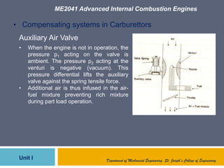 ME2041 Advanced Internal Combustion Engines
Unit I Department of Mechanical Engineering, St. Joseph’s College of Engineering
• Compensating systems in Carburettors
Auxiliary Air Valve
• When the engine is not in operation, the
pressure p1 acting on the valve is
ambient. The pressure p2 acting at the
venturi is negative (vacuum). This
pressure differential lifts the auxiliary
valve against the spring tensile force.
• Additional air is thus infused in the air-
fuel mixture preventing rich mixture
during part load operation.
 