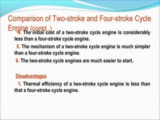 Comparison of Two-stroke and Four-stroke Cycle
Engine (contd..) of a two-stroke cycle engine is considerably
4. The initial cost
less than a four-stroke cycle engine.
5. The mechanism of a two-stroke cycle engine is much simpler
than a four-stroke cycle engine.
6. The two-stroke cycle engines are much easier to start.
Disadvantages
1. Thermal efficiency of a two-stroke cycle engine is less than
that a four-stroke cycle engine.

 