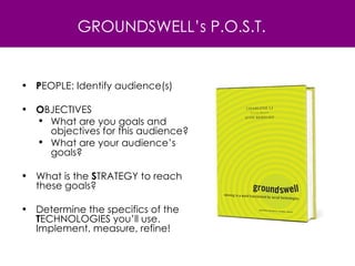 GROUNDSWELL’s P.O.S.T. P EOPLE: Identify audience(s) O BJECTIVES What are you goals and objectives for this audience? What are your audience’s goals? What is the  S TRATEGY to reach these goals?  Determine the specifics of the  T ECHNOLOGIES you’ll use.  Implement, measure, refine! 