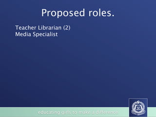 Proposed roles.
Teacher Librarian (2)
Media Specialist




        educating girls to make a difference
 