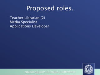 Proposed roles.
Teacher Librarian (2)
Media Specialist
Applications Developer




        educating girls to make a difference
 