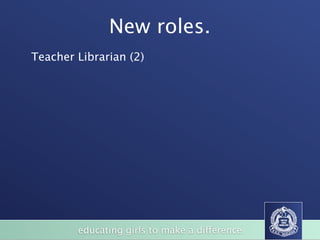 New roles.
Teacher Librarian (2)




        educating girls to make a difference
 