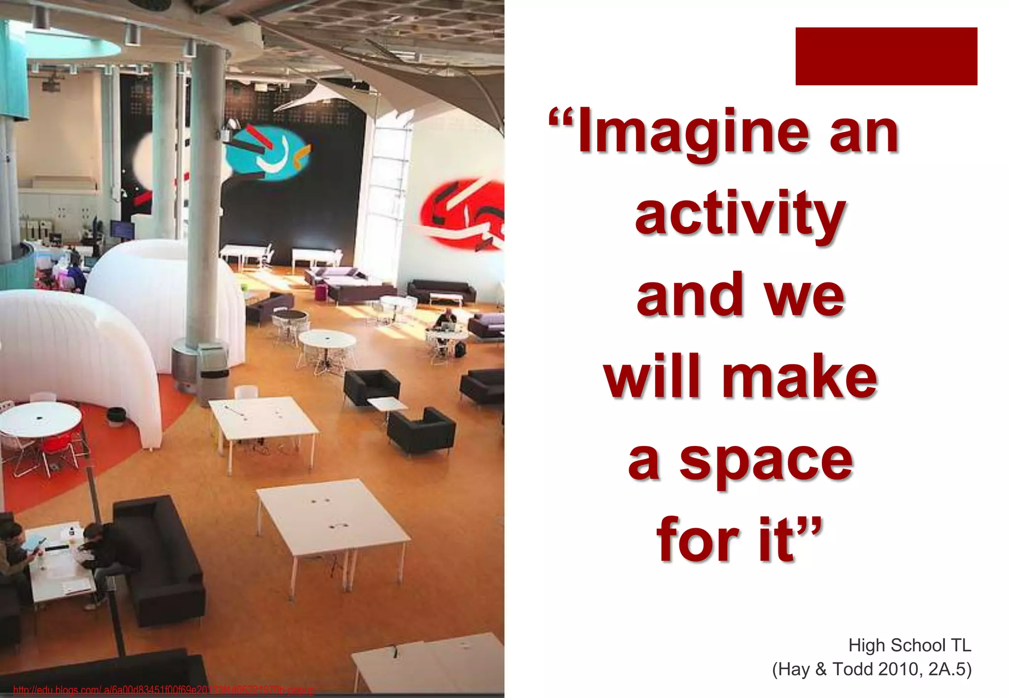 “Imagine an
activity
and we
will make
a space
for it”
High School TL
(Hay & Todd 2010, 2A.5)
http://edu.blogs.com/.a/6a00d83451f00f69e20133f4d06221970b-popup
 