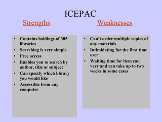 ICEPAC   Strengths   Weaknesses Contains holdings of 305 libraries Searching is very simple Free access Enables you to search by author, title or subject Can specify which library you would like Accessible from any computer Can’t order multiple copies of any materials Intimidating for the first time user Waiting time for item can vary and can take up to two weeks in some cases 