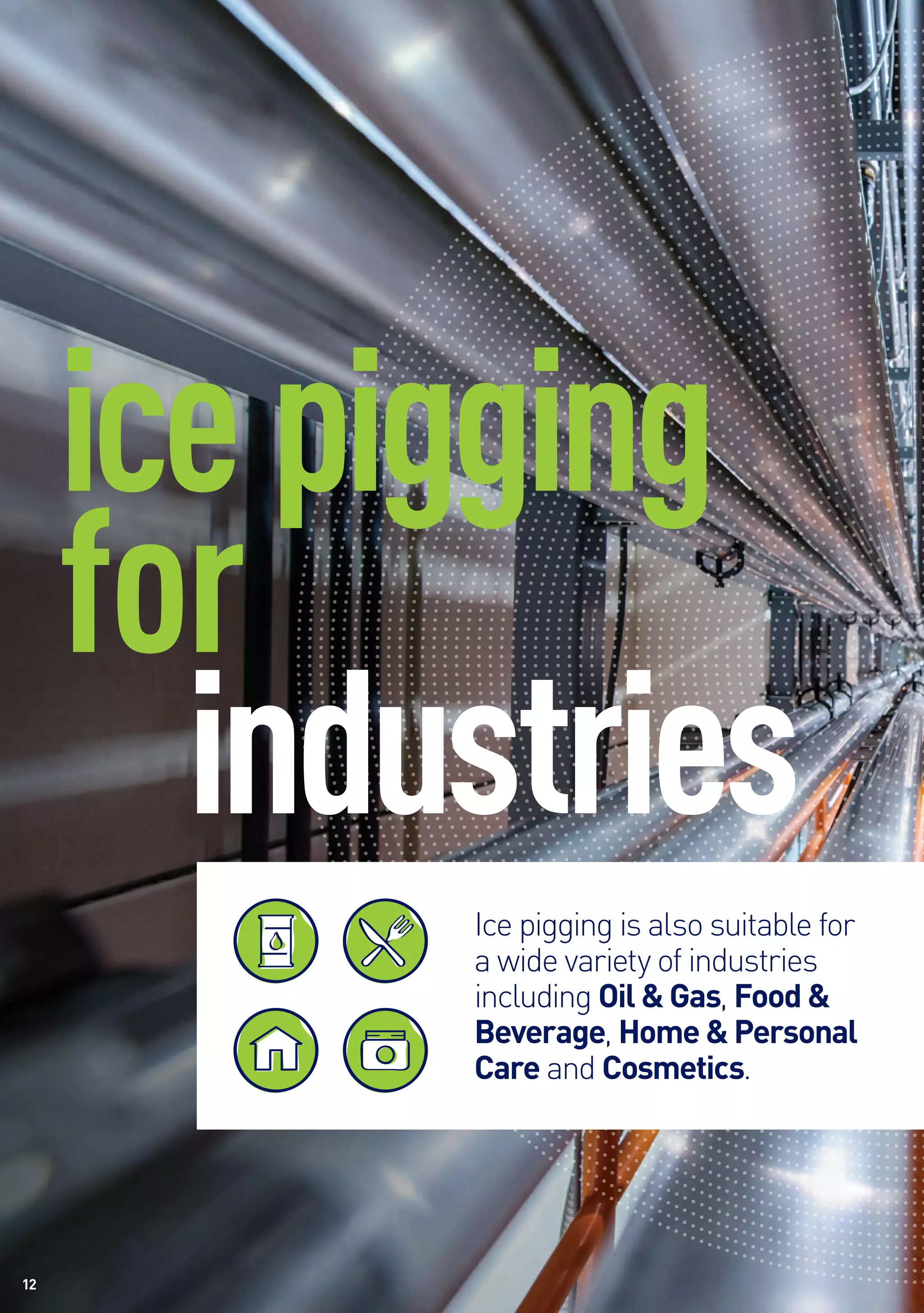 12
Ice pigging is also suitable for
a wide variety of industries
including Oil & Gas, Food &
Beverage, Home & Personal
Care and Cosmetics.
icepigging
for
industries
12
 