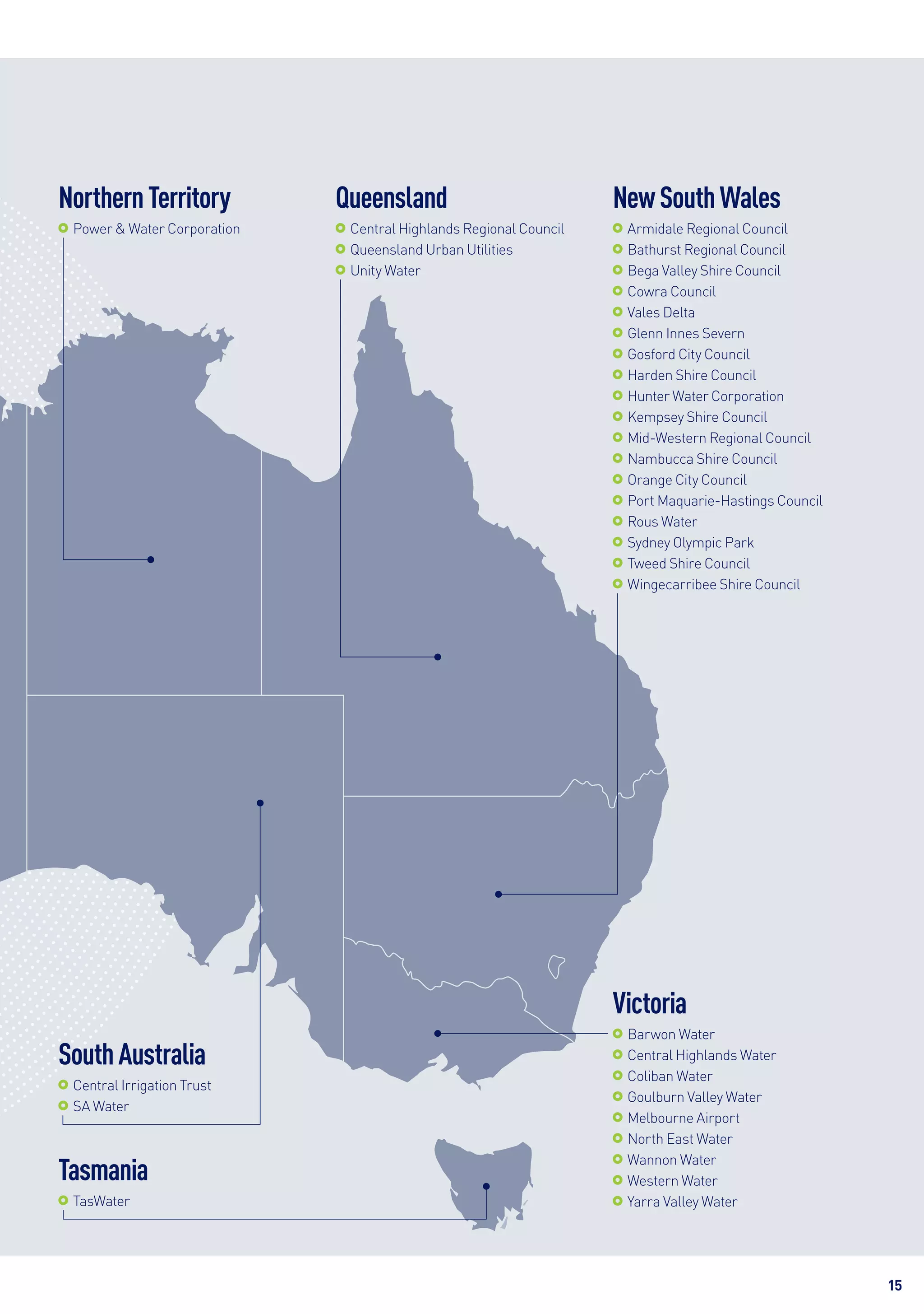 15
Saida
Queensland
	Central Highlands Regional Council
	Queensland Urban Utilities
	Unity Water
NorthernTerritory
	Power & Water Corporation
SouthAustralia
	Central Irrigation Trust
	SA Water
Tasmania
	TasWater
Victoria
	Barwon Water
	Central Highlands Water
	Coliban Water
	Goulburn Valley Water
	Melbourne Airport
	North East Water
	Wannon Water
	Western Water
	Yarra Valley Water
NewSouthWales
	Armidale Regional Council
	Bathurst Regional Council
	Bega Valley Shire Council
	Cowra Council
	Vales Delta
	Glenn Innes Severn
	Gosford City Council
	Harden Shire Council
	Hunter Water Corporation
	Kempsey Shire Council
	Mid-Western Regional Council
	Nambucca Shire Council
	Orange City Council
	Port Maquarie-Hastings Council
	Rous Water
	Sydney Olympic Park
	Tweed Shire Council
	Wingecarribee Shire Council
 