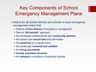 Key Components of School
      Emergency Management Plans
 Goal is for all school districts and schools to have emergency
  management plans that:
     Address all four phases of emergency management
     Take an “all hazards” approach
     Are developed collaboratively with community partners
     Are based upon sound data and information
     Are practiced on a regular basis
     Are continually reviewed and updated
     Are living documents
     Include command structure
     Are tailored to conditions of individual schools
 