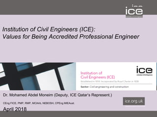 Registered charity number 210252
Institution of Civil Engineers (ICE):
Values for Being Accredited Professional Engineer
Dr. Mohamed Abdel Moneim (Deputy, ICE Qatar’s Represent.)
CEng FICE, PMP, RMP, MCIArb, NEBOSH, CPEng MIEAust.
April 2018
 
