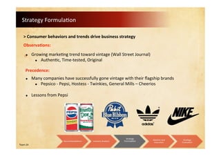 Strategy Formulation
Team 24
> Consumer behaviors and trends drive business strategy
 Growing marketing trend toward vintage (Wall Street Journal)
 Authentic, Time-tested, Original
Observations:
Precedence:
 Many companies have successfully gone vintage with their flagship brands
 Pepsico - Pepsi, Hostess - Twinkies, General Mills – Cheerios
 Lessons from Pepsi
Recommendations Industry Analysis
Strategy
Formulation
Ideation and
Execution
Strategy
Evaluation
 