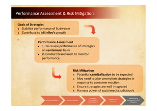Performance Assessment & Risk Mitigation
Performance Assessment
 1. To review performance of strategies
on semiannual basis
 2. Conduct brand audit to monitor
performance
Goals of Strategies
 Stabilize performance of Budweiser
 Contribute to AB InBev’s growth
Recommendations Industry Analysis
Strategy
Formulation
and Evaluation
Ideation and
Execution
Performance
Assessment & Risk
Mitigation
Risk Mitigation
 Potential cannibalization to be expected
 May need to alter promotion strategies in
response to consumer reaction
 Ensure strategies are well integrated
 Harness power of social media judiciously
 