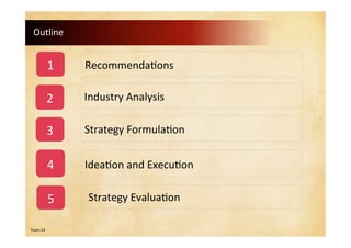 Outline
Team 24
1 Recommendations
4 Ideation and Execution
2 Industry Analysis
5
3 Strategy Formulation
Strategy Evaluation
 