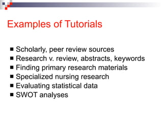Examples of Tutorials Scholarly, peer review sources Research v. review, abstracts, keywords Finding primary research materials Specialized nursing research Evaluating statistical data SWOT analyses 