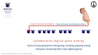 project results & outputs - http://tinyurl.com/magicaldoor
J e f f r e y E a r p , I C E R I 2 0 1 5 S e v i l l e 1 6 - 1 8 N o v . 2 0 1 5
 