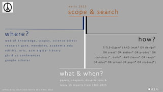 J e f f r e y E a r p , I C E R I 2 0 1 5 S e v i l l e 1 6 - 1 8 N o v . 2 0 1 5
what & when?
where?
how?w e b o f k n o w l e d g e , s c o p u s , s c i e n c e d i r e c t
r e s e a r c h g a t e , m e n d e l e y , a c a d e m i a . e d u
e d i t l i b , e r i c , a c m d i g i t a l l i b r a r y
g l s & c c c o n f e r e n c e s
g o o g l e s c h o l a r
TITLE=((gam*) AND (mak* OR design*
OR creat* OR author* OR produc* OR
construct*, build*) AND (learn* OR teach*
OR educ* OR school OR pupil* OR student*)
papers, chapters, dissertations &
research reports from 1980-2015
 