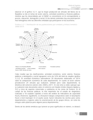 Risaralda
2015 81
Informe de Coyuntura
Económica Regional
observar en el gráfico 3.2.1, que la mayor producción de artículos del Banco de la
República se dio en temas de sector externo, actividad económica y finanzas públicas;
mientras que los desarrollados por el DANE se concentraron en lo correspondiente a
precios, educación, demografía y social. En los demás contenidos hay una participación
más homogénea entre las diferentes entidades que participaron en los escenarios.
Gráfico 3.2.1. Distribución de las publicaciones por entidad y énfasis temático
2000-2015
Fuente: ICER. Cálculos del autor.
0
5
10
15
20
25
30
35
40
Sistema
financiero
Minería
Mercado
laboral
Industria
Educación
Sector
agropecuario
PreciosConstrucción
Demografía
y social
Otros
Finanzas
públicas
Sector
externo
Actividad
económica
Banco de la República DANE Universidades Entidades públicas
Entidades privadas Otras entidades En conjunto
Cabe resaltar que las clasificaciones: actividad económica, sector externo, finanzas
públicas y demografía y social agruparon cerca de 52% del total de estudios (gráfico
3.2.2). En actividad económica sobresalieron 28 documentos elaborados en 2014
sobre la composición económica de cada departamento. En cuanto al sector externo
prevalecieron 24 artículos que evaluaron, también para cada departamento, la
dinámica del comercio exterior entre 2000 y 2011. En este tema se debe subrayar que
se realizaron siete documentos sobre el comercio con Estados Unidos (impacto Aptdea y
TLC) y cinco de aspectos comerciales y cambiarios en las zonas de frontera. En el
campo de las finanzas públicas, lo más importante fue el estudio de diagnóstico
realizado a 18 ciudades capitales a través del análisis de indicadores de capacidad
fiscal y financiera. Igualmente, se efectuaron trabajos comparativos sobre el desempeño
fiscal a nivel municipal. En el asunto social, fueron relevantes los escritos para varios
departamentos y regiones sobre la caracterización de los grupos étnicos, así como los
ensayos sobre pobreza para algunos pocos departamentos.
Dentro de las demás temáticas que tuvieron un peso significativo en número, se destacó
 