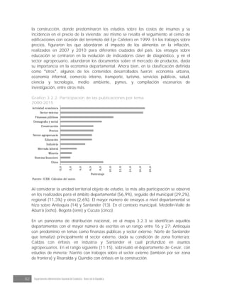 82 Departamento Administrativo Nacional de Estadística · Banco de la República
la construcción, donde predominaron los estudios sobre los costos de insumos y su
incidencia en el precio de la vivienda; así mismo se resalta el seguimiento al censo de
edificaciones con ocasión del terremoto del Eje Cafetero en 1999. En los trabajos sobre
precios, figuraron los que abordaron el impacto de los alimentos en la inflación,
realizados en 2007 y 2010 para diferentes ciudades del país. Los ensayos sobre
educación se centraron en la evolución de indicadores clave de diagnóstico, y en el
sector agropecuario, abundaron los documentos sobre el mercado de productos, dada
su importancia en la economía departamental. Ahora bien, en la clasificación definida
como otros , algunos de los contenidos desarrollados fueron: economía urbana,
economía informal, comercio interno, transporte, turismo, servicios públicos, salud,
ciencia y tecnología, medio ambiente, pymes, y compilación escenarios de
investigación, entre otros más.
Gráfico 3.2.2. Participación de las publicaciones por tema
2000-2015
Fuente: ICER. Cálculos del autor.
0,0
2,0
4,0
6,0
8,0
10,0
12,0
14,0
16,0
18,0
Otros
Sistema financiero
Minería
Mercado laboral
Industria
Educación
Sector agropecuario
Precios
Construcción
Demografía y social
Finanzas públicas
Sector externo
Actividad económica
Porcentaje
Al considerar la unidad territorial objeto de estudio, la más alta participación se observó
en los realizados para el ámbito departamental (56,9%), seguido del municipal (29,2%),
regional (11,3%) y otros (2,6%). El mayor número de ensayos a nivel departamental se
hizo sobre Antioquia (14) y Santander (13). En el contexto municipal, Medellín-Valle de
Aburrá (ocho), Bogotá (siete) y Cúcuta (cinco).
En un panorama de distribución nacional, en el mapa 3.2.3 se identifican aquellos
departamentos con el mayor número de escritos en un rango entre 16 y 27: Antioquia
con predominio en temas como finanzas públicas y sector externo; Norte de Santander
que tematizó principalmente el sector externo, dada su condición de zona fronteriza;
Caldas con énfasis en industria y Santander el cual profundizó en asuntos
agropecuarios. En el rango siguiente (11-15), sobresalió el departamento de Cesar, con
estudios de minería; Nariño con trabajos sobre el sector externo (también por ser zona
de frontera) y Risaralda y Quindío con énfasis en la construcción.
 