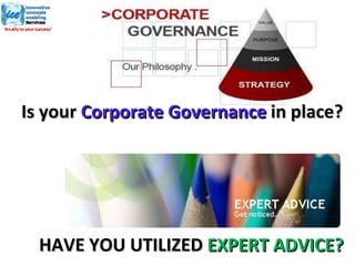 HAVE YOU UTILIZED  EXPERT ADVICE? Is your  Corporate Governance  in place? 