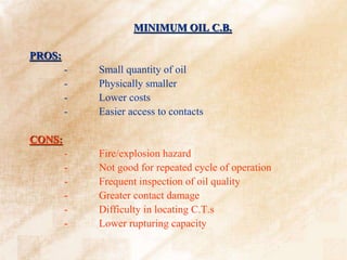 MINIMUM OIL C.B.
PROS:
- Small quantity of oil
- Physically smaller
- Lower costs
- Easier access to contacts
CONS:
- Fire/explosion hazard
- Not good for repeated cycle of operation
- Frequent inspection of oil quality
- Greater contact damage
- Difficulty in locating C.T.s
- Lower rupturing capacity
 