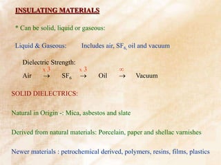 INSULATING MATERIALS
* Can be solid, liquid or gaseous:
Liquid & Gaseous: Includes air, SF6, oil and vacuum
Dielectric Strength:
x 3 x 3 
Air  SF6  Oil  Vacuum
SOLID DIELECTRICS:
Natural in Origin -: Mica, asbestos and slate
Derived from natural materials: Porcelain, paper and shellac varnishes
Newer materials : petrochemical derived, polymers, resins, films, plastics
 