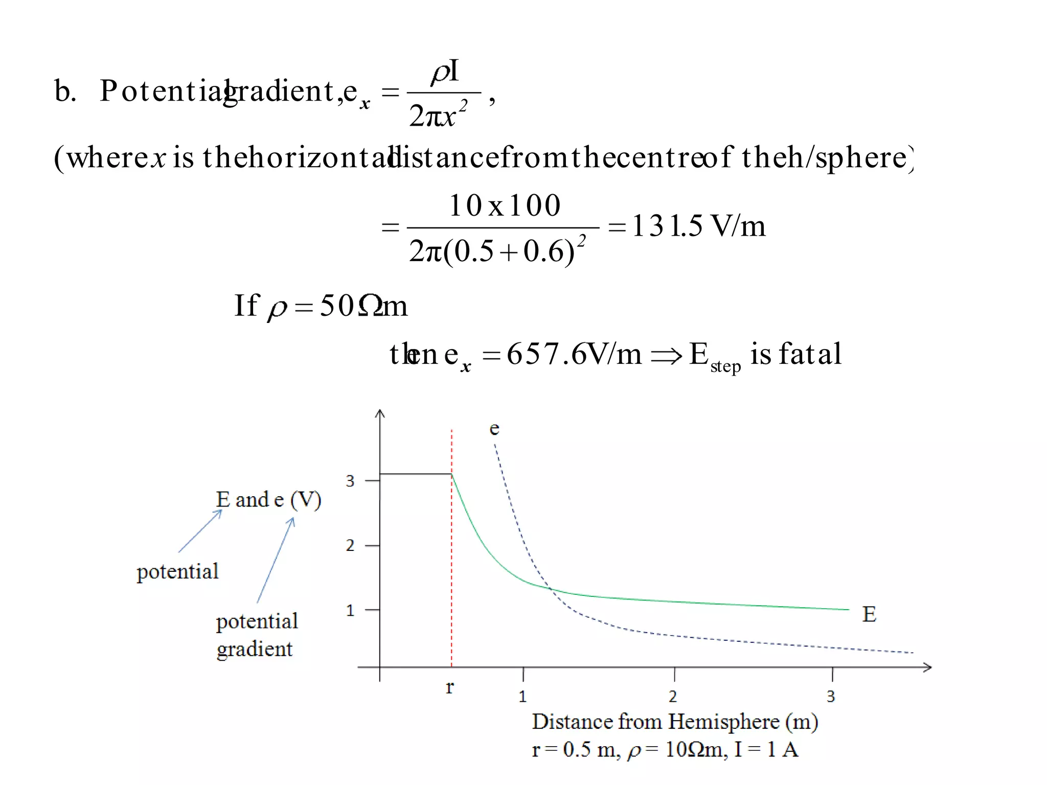 I
b. P otentialgradient,e x       2
                                  ,
                            2πx
(where x is thehorizontal distancefrom thecentreof theh/sphere)
                            10 x 100
                                          131.5 V/m
                          2π(0.5 0.6) 2
             If    50 m
                        th e x
                         en      657.6V/m     E step is fatal
 