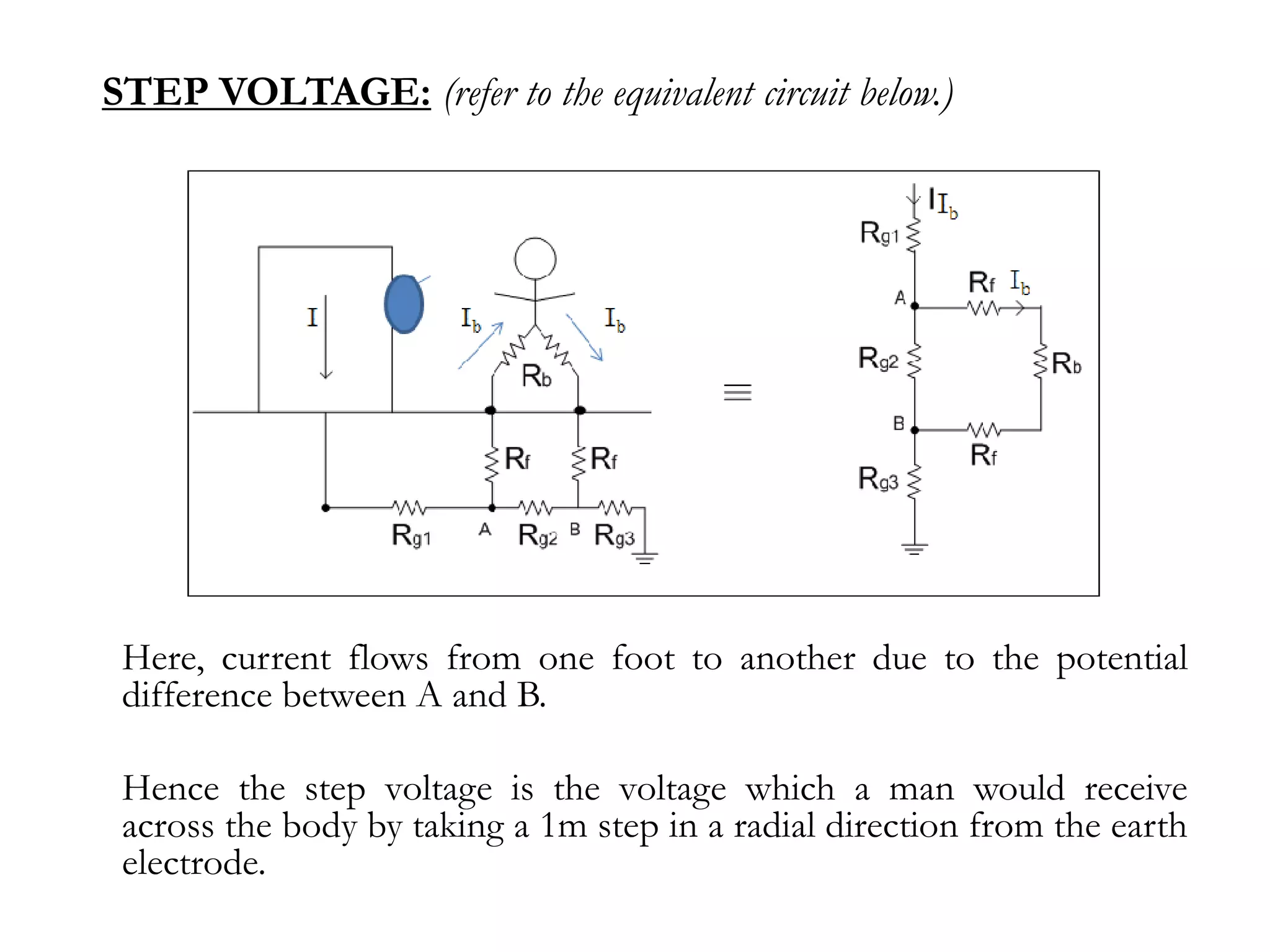 STEP VOLTAGE: (refer to the equivalent circuit below.)




 Here, current flows from one foot to another due to the potential
 difference between A and B.

 Hence the step voltage is the voltage which a man would receive
 across the body by taking a 1m step in a radial direction from the earth
 electrode.
 
