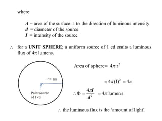 where
A = area of the surface  to the direction of luminous intensity
d = diameter of the source
I = intensity of the source
 for a UNIT SPHERE; a uniform source of 1 cd emits a luminous
flux of 4 lumens.


4)1(4
r4sphereofArea
2
2


lumens4
4
2



d
I
 the luminous flux is the ‘amount of light’
 
