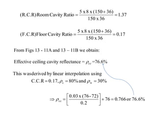 37.1
36x150
36)(150x8x5
RatioCavityRoom(R.C.R) 


17.0
36x150
36)(150x8x5
RatioCavityFloor(F.C.R) 


From Figs 13 - 11A and 13 – 11B we obtain:
Effective ceiling cavity reflectance = cc =76.6%
76.6%or766.076
0.2
72)-(76x0.03
30%and80%0.17,C.C.R
usingioninterpolatlinearbyderivedwasThis
cc
wc








 