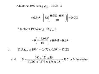 943.0
10
0.94-0.948
6.6948.0
is76.6%using10%atfactor cc













 
994.0943.0
10
0.943-1
9
is10%using19%atfactor fc







 
 C.U. (fc at 19%) = 0.475 x 0.994 = 47.2%
luminaire54or53.7
0.5x0.85x0.472x50,000
36x150x100
Nand 
 