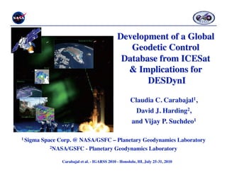 Claudia C. Carabajal1,
                                                                             
                                                            David J. Harding2,
                                                                             
                                                         and Vijay P. Suchdeo1
                                                                             

1 Sigma   Space Corp. @ NASA/GSFC – Planetary Geodynamics Laboratory
             2NASA/GSFC - Planetary Geodynamics Laboratory

                 Carabajal et al. - IGARSS 2010 - Honolulu, HI, July 25-31, 2010 
 