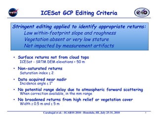 Stringent editing applied to identify appropriate returns:
     Low within-footprint slope and roughness
     Vegetation absent or very low stature
     Not impacted by measurement artifacts

•  Surface returns not from cloud tops
   ICESat - SRTM DEM elevations < 50 m
•  Non-saturated returns
   Saturation index ≤ 2
•  Data acquired near nadir
   Incidence angle ≤ 1°
•  No potential range delay due to atmospheric forward scattering
   When correction available, in the mm range
•  No broadened returns from high relief or vegetation cover
   Width ≥ 0.5 m and ≤ 5 m

                 Carabajal et al. - IGARSS 2010 - Honolulu, HI, July 25-31, 2010 
   7
 