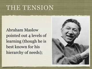 Abraham Maslow
pointed out 4 levels of
learning (though he is
best known for his
hierarchy of needs);
THE TENSION
 