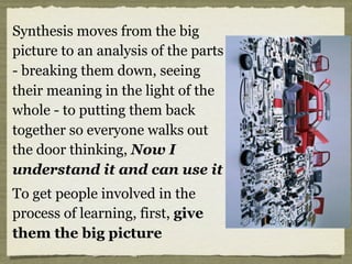 Synthesis moves from the big
picture to an analysis of the parts
- breaking them down, seeing
their meaning in the light of the
whole - to putting them back
together so everyone walks out
the door thinking, Now I
understand it and can use it
To get people involved in the
process of learning, first, give
them the big picture
 