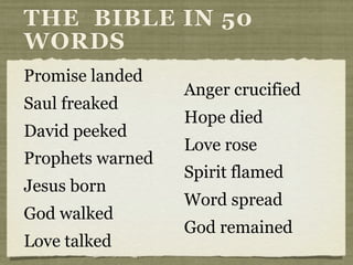 THE BIBLE IN 50
WORDS
Promise landed
Saul freaked
David peeked
Prophets warned
Jesus born
God walked
Love talked
Anger crucified
Hope died
Love rose
Spirit flamed
Word spread
God remained
 