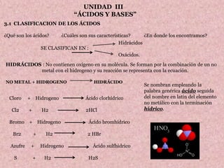 UNIDAD III
“ÁCIDOS Y BASES”
3.1 CLASIFICACION DE LOS ÁCIDOS
¿Qué son los ácidos? ¿Cuáles son sus características? ¿En donde los encontramos?
HIDRÁCIDOS : No contienen oxigeno en su molécula. Se forman por la combinación de un no
metal con el hidrogeno y su reacción se representa con la ecuación.
NO METAL + HIDROGENO HIDRÁCIDO
Cloro + Hidrogeno Ácido clorhídrico
Cl2 + H2 2HCl
Bromo + Hidrogeno Ácido bromhídrico
Br2 + H2 2 HBr
Azufre + Hidrogeno Ácido sulfhidrico
S + H2 H2S
SE CLASIFICAN EN :
Hidrácidos
Oxácidos.
Se nombran empleando la
palabra genérica ácido seguida
del nombre en latín del elemento
no metálico con la terminación
hídrico.
 