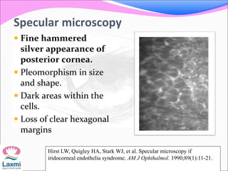 Specular microscopy
 Fine hammered
silver appearance of
posterior cornea.
 Pleomorphism in size
and shape.
 Dark areas within the
cells.
 Loss of clear hexagonal
margins
Hirst LW, Quigley HA, Stark WJ, et al. Specular microscopy if
iridocorneal endothelia syndrome. AM J Ophthalmol. 1990;89(1):11-21.
 