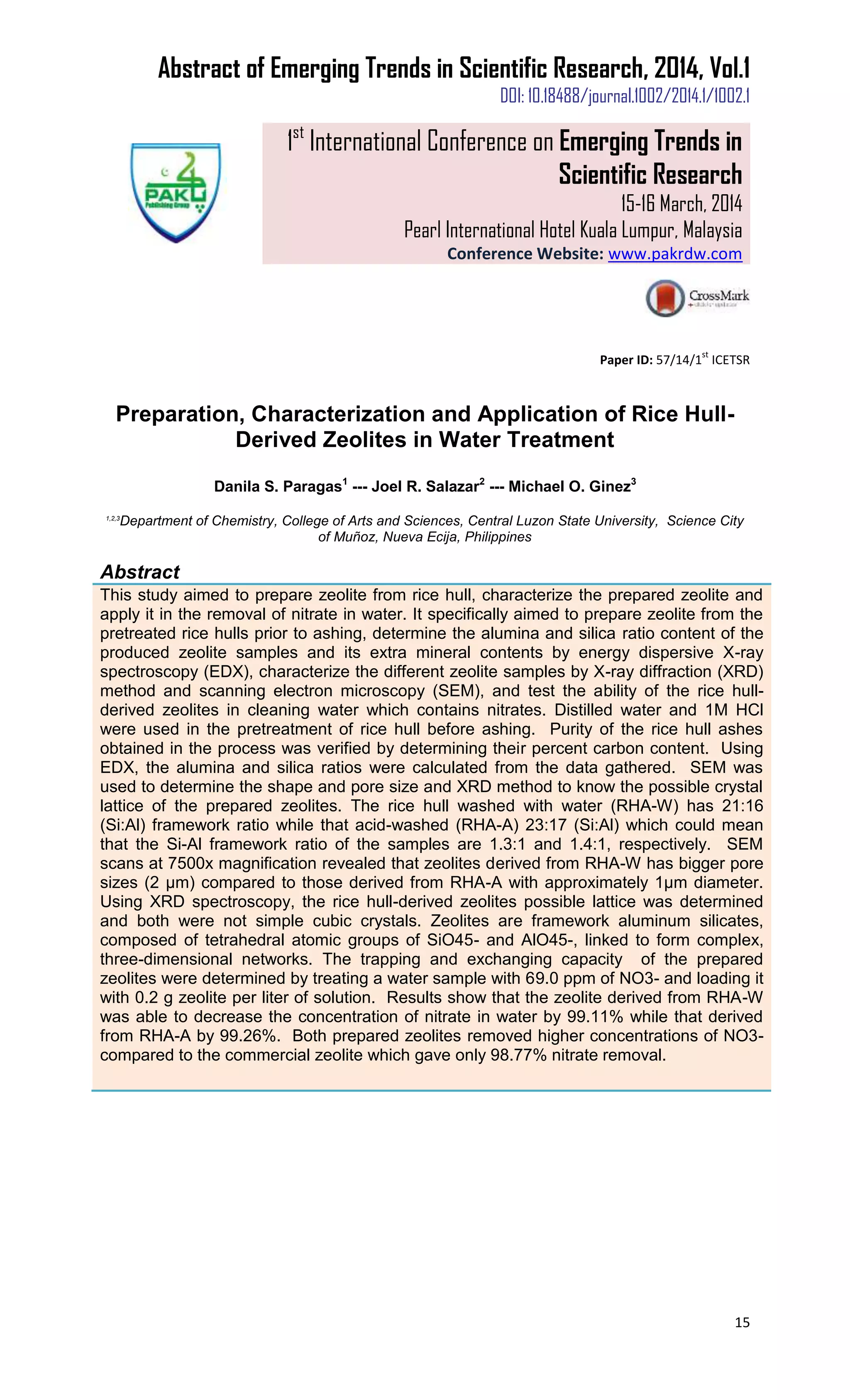 Preparation, Characterization and Application of Rice Hull Derived