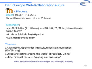 Der icEurope Web-Kollaborations-Kurs Themen: Allgemeine Aspekte der interkulturellen Kommunikation (Einführung) „ Food and eating around the world“ (Breakfast, Dinner) „ International music – Creating our own song“ - Pilotkurs: Dauer : Januar – Mai 2010 1h im Klassenzimmer, 1h von Zuhause Teilnehmer :  ca. 80 Schüler (11. Klasse) aus BG, HU, IT, TR in ‚internationalen online Teams‘ 4 Lehrer & lokale Projektpartner Kursmanagement-Team  www.es-courseportal.uni-tuebingen.de/iceurope/moodle / 