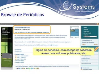 Browse de Periódicos




               Página do periódico, com escopo de cobertura,
                    acesso aos volumes publicados, etc
 